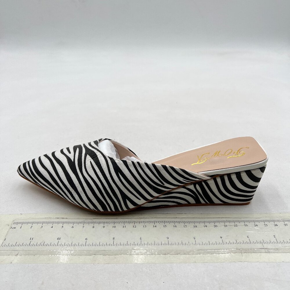 FOWT Zebra Chic Wedge Low Heel Pointed Toe Mules Slip On Ladies Summer Shoes